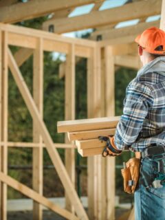 Home builder carrying timber inside a wood-framed house under construction