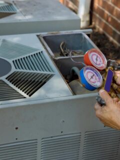 Technician checking refrigerant pressure on a residential central air conditioning system with manifold gauges.