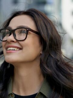 brunette woman with glasses smiling outdoors in the city
