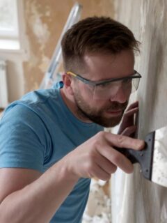 man removing wallpaper from wall