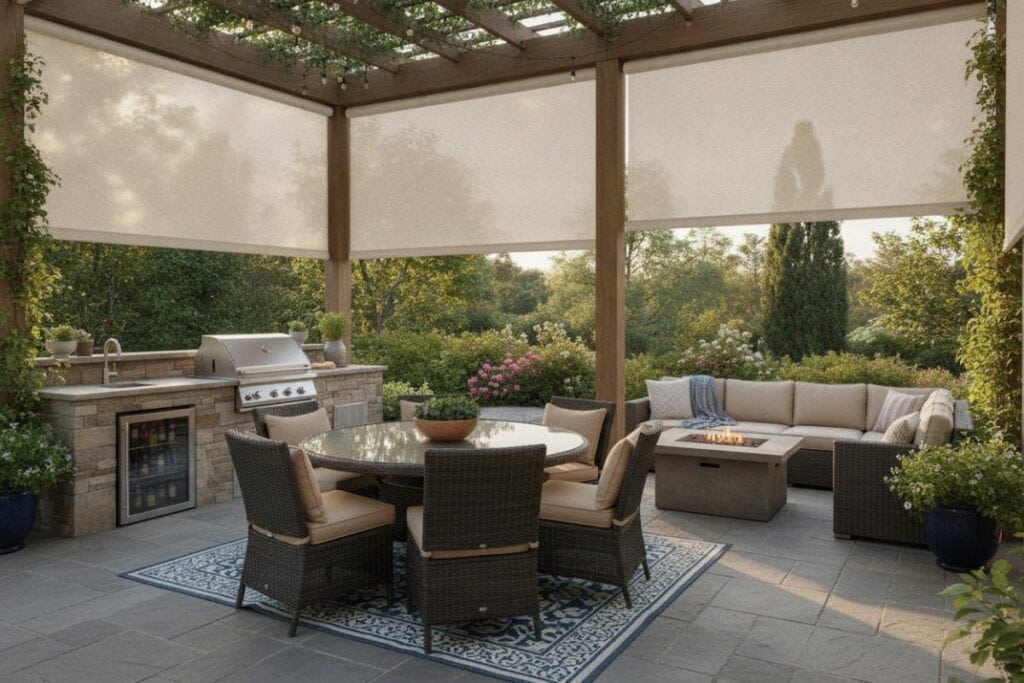 patio with blinds for privacy while entertaining
