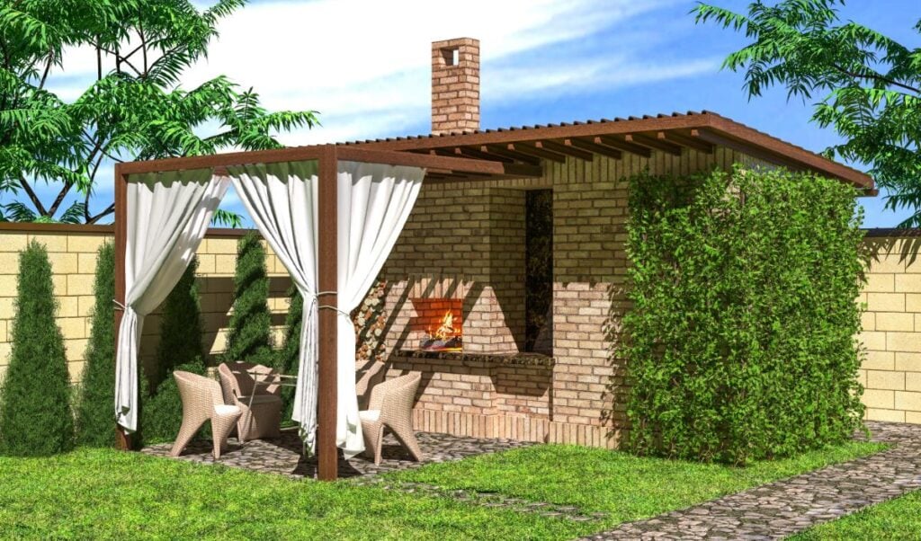 patio area with privacy curtains