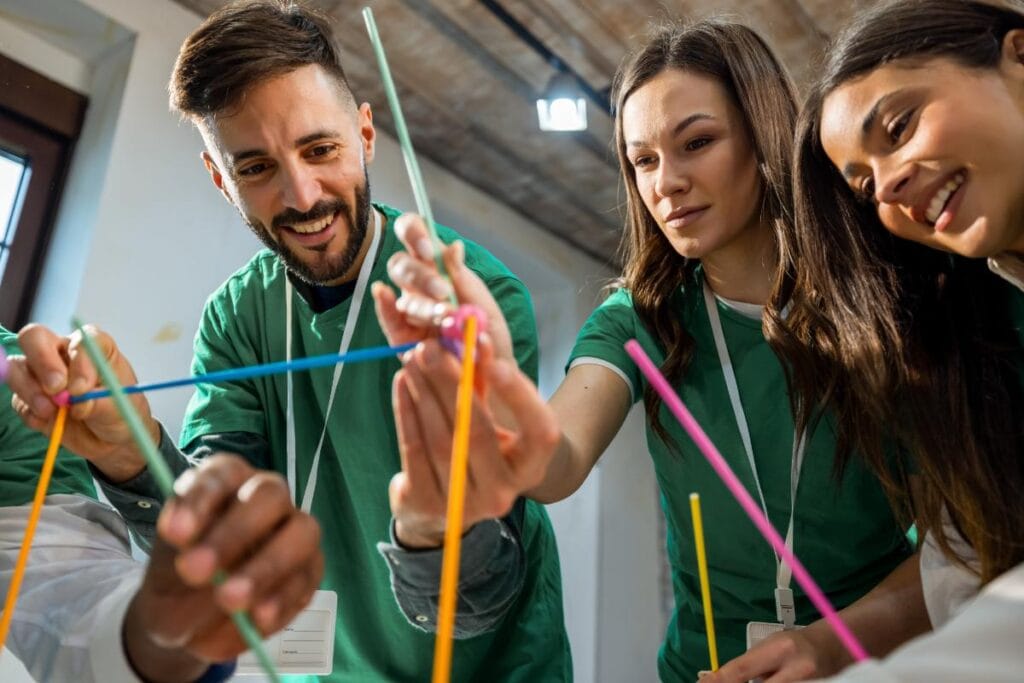 small team working on a team building exercise